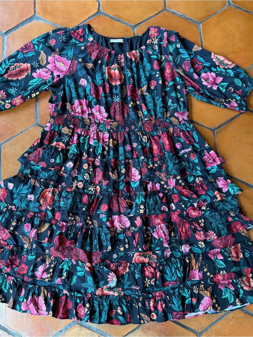 Wayward Fancies eShakti Black Floral Midi Dress Plus 3X 24W Tiered Ruffle Boho